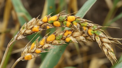 Close-up of wheat heads infected with orange and green fungal disease.