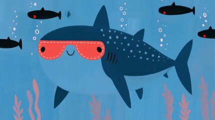 Whimsical digital of a chunky cartoonish shark character wearing virtual reality style goggles or a mask swimming underwater in a deep blue ocean scene with bubbles and other aquatic elements