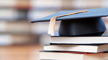 A graduation cap rests atop a stack of books, symbolizing education and achievement.