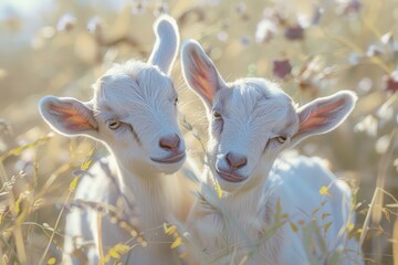 Two little goat babies in summer. Farm animals.