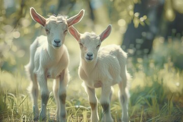 Obraz premium Two little goat babies in summer. Farm animals.