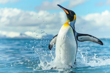 King penguin dances in ocean after swimming in Falkland Island.