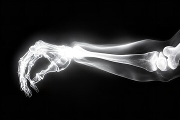 Obraz premium A bright x-ray reveals a human arm with clear details of the bones in the hand, wrist, and forearm. This illustration highlights the intricate skeletal design for educational purposes