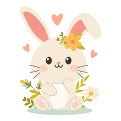 Cute cartoon bunny. Easter greetings with bunny, eggs and flowers.