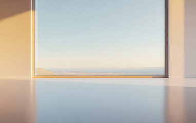 Modern architectural interior with expansive view of serene landscape at sunset