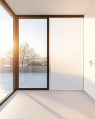 Obraz premium Sunlight streaming through modern glass walls in a minimalist indoor space