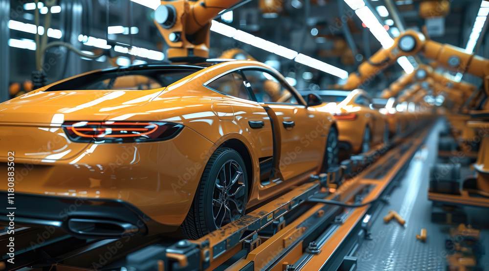 Poster Car production line with robotic arms working on the torso of an SUV car at a modern factory.