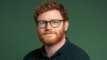 Professional Headshot of a Confident Young Man with a Red Beard and Glasses Posed Against a Solid Green Background for Use in Marketing and Business Profiles