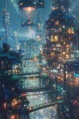 Fototapeta premium Futuristic Cityscape At Twilight With Elevated Pedestrian Bridges And Flying Vehicles