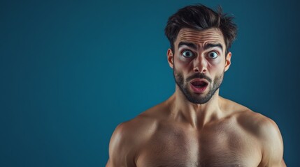 Obraz premium Man With Surprised Expression Against Solid Blue Background With Dark Hair and Bare Chest Showing
