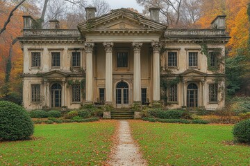 Fototapeta premium Decaying mansion surrounded by autumn foliage in a tranquil setting