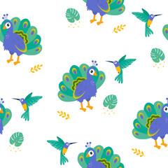 Colorful illustration of peacocks and hummingbirds in a vibrant nature pattern