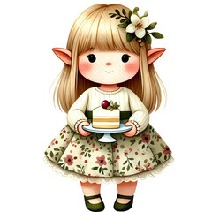 Adorable Elf with Cake - Cute Elf Art, Elf with Cake Illustration, Sweet Elf Design, Elf and Dessert, Holiday Elf Decor, Christmas Elf with Cake, Elf Cake Art, Sweet Elf Artwork, Festive Elf Cake