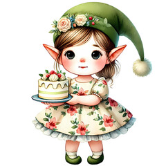 Adorable Elf with Cake - Cute Elf Art, Elf with Cake Illustration, Sweet Elf Design, Elf and Dessert, Holiday Elf Decor, Christmas Elf with Cake, Elf Cake Art, Sweet Elf Artwork, Festive Elf Cake
