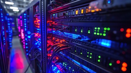 Fototapeta premium Data center server rack network lights cables