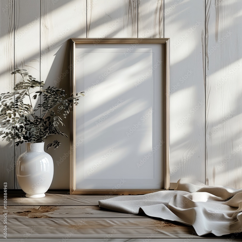 Aufkleber A mockup featuring a single A4-sized vertical frame prominently displayed. The frame is positioned on a sleek, minimalist wooden surface with a clean, neutral background.