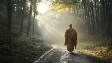 Fototapeta premium Monk Strolling Down Forest Path Rays of Light Shining Through Trees Spiritual Journey Peaceful Nature