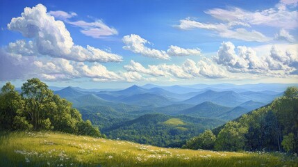 Fototapeta premium Mountain Range Under Cumulus Clouds with Green Slopes and Grassy Meadow in Foregrounds