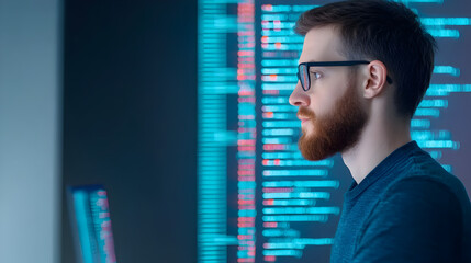 Innovative programmer analyzing code trends in a high-tech office digital workspace focused perspective modern concept