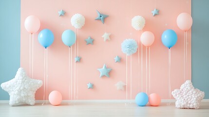 Pastel Balloons Stars and Pom Poms Decorate a Room