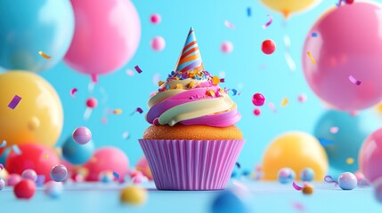 Festive cupcake with balloons, confetti; birthday celebration