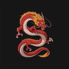 A vibrant illustration depicts a powerful red dragon with fiery accents coiled against a stark black background.