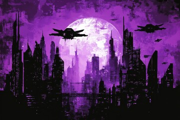 Fototapeta premium Futuristic Cityscape Underneath A Purple Moon