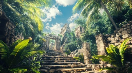 Ancient stone ruins surrounded by lush tropical jungle, vibrant green palm leaves, and clear blue skies on a sunny day - obrazy, fototapety, plakaty