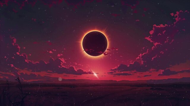 anime concept sky sunset landscape background eclipse seamless looping overlay 4k virtual video animation background