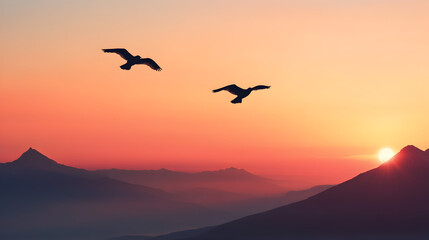Fototapeta premium Birds soaring at sunset over mountain landscape nature photography scenic view serene environment tranquil concept