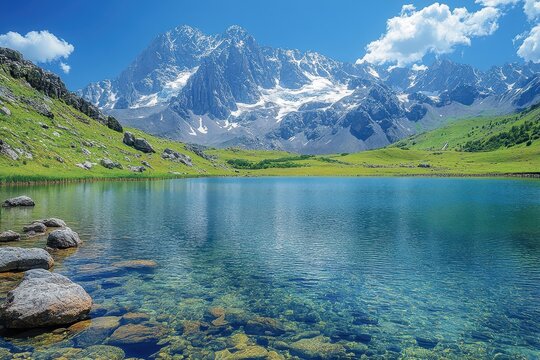 Majestic mountain landscape with clear blue lake and vibrant green hills under sunny sky