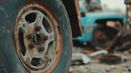 Close-up of a rusty wheel in an industrial setting, highlighting decay and neglect.