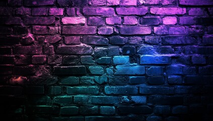 Grungy brick wall illuminated with vibrant neon purple and blue light.