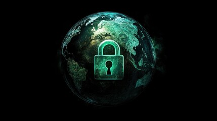 Global Security Padlock on Earth, Dark Background
