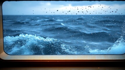 Ocean storm viewed through a rain splattered window