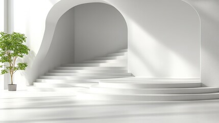 Obraz premium Minimalist white interior with curved staircase and plant.