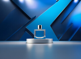 A sleek perfume bottle, bathed in cool blue light, sits on a minimalist pedestal.  The spring-like ambiance is subtly suggested by the color palette.