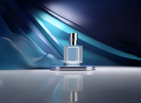 A spring-inspired perfume bottle sits on a reflective surface,  bathed in cool blue light against an abstract backdrop. The elegant design evokes feelings of freshness and serenity. - Powered by Adobe