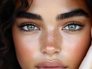 Fototapeta premium A close up of a woman's face with freckles on her face