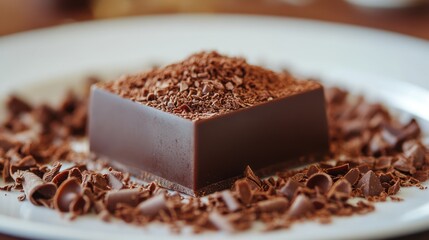 Dark chocolate dessert, shavings, plate, kitchen, food photography