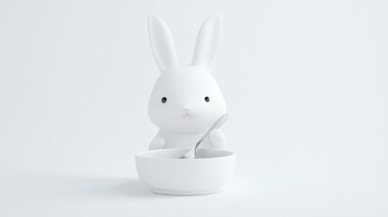 A white rabbit is sitting in a bowl with a spoon in it