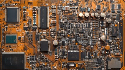 Close-up orange circuit board technology detail, electronic components, background blur, tech design