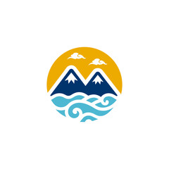 Playful Mountain Peaks with Morning Sunrise And Ocean Logo Design For Ouitdoor,Adventure,Travelling Logo Design