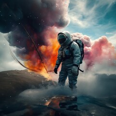 Obraz premium Spacewalker Standing In Water Before Fiery Cloud Formation On A Rugged Alien Terrain
