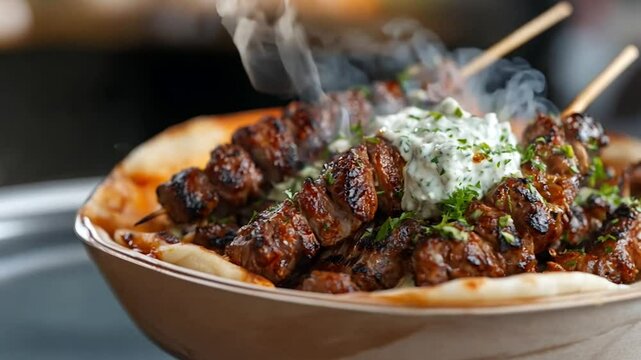 Deliciously grilled meat skewers served atop a creamy tzatziki sauce, garnished with fresh herbs. This mouthwatering dish showcases juicy, charred kebabs with a perfect balance of smoky and savory 