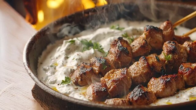 Deliciously grilled meat skewers served atop a creamy tzatziki sauce, garnished with fresh herbs. This mouthwatering dish showcases juicy, charred kebabs with a perfect balance of smoky and savory 