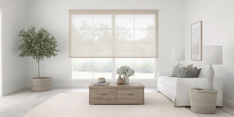 Fototapeta premium Cozy living room with natural light and minimalist decor in calm tones