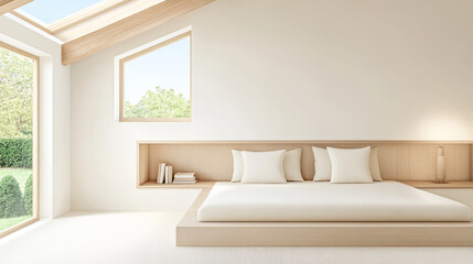 Minimalist bedroom with natural light and outdoor view creating a serene atmosphere