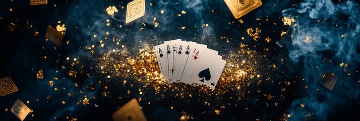 Playing Cards Displayed With Gold Particles On Dark Background And Floating Card Element
