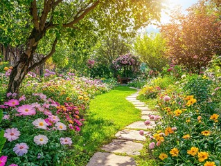 Vibrant Flower Garden with Pathway Surrounded by Lush Greenery and Sunshine